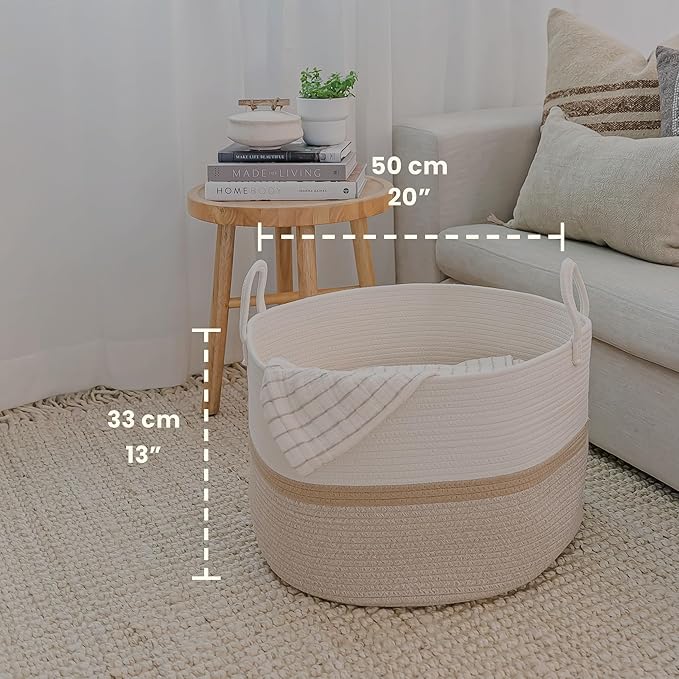 OrganiHaus Large Woven Storage Basket for Blankets and Toys 20" x 13" Inch, Rope Laundry Basket with Handles, Cushions & Pill