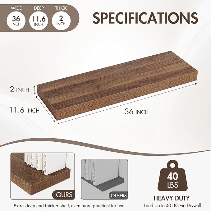 36 Inch Floating Shelves, 12" Deep Floating Shelf Wall Mounted, 36" Wall Shelves, Rustic Deep Bookshelf, Extra Deeper & Thick