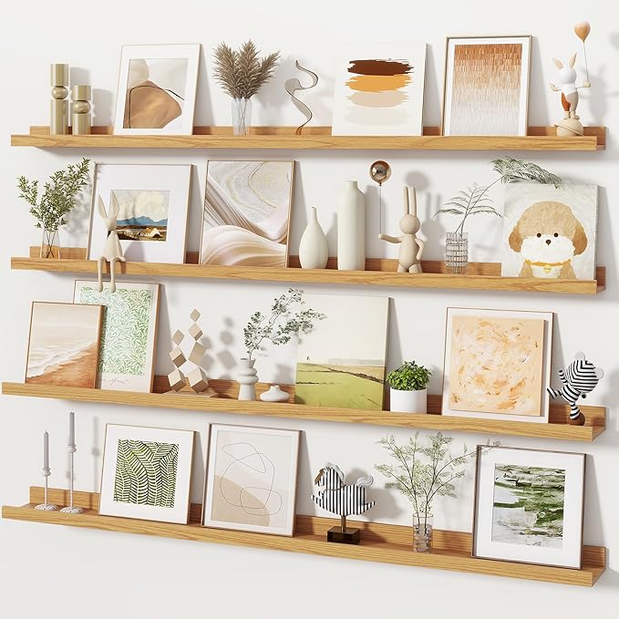 Fun Memories Picture Ledge Shelves Set of 4, 48 Inch Rustic Wall Mounted Floating Shelves with Lip for Home Storage and Décor