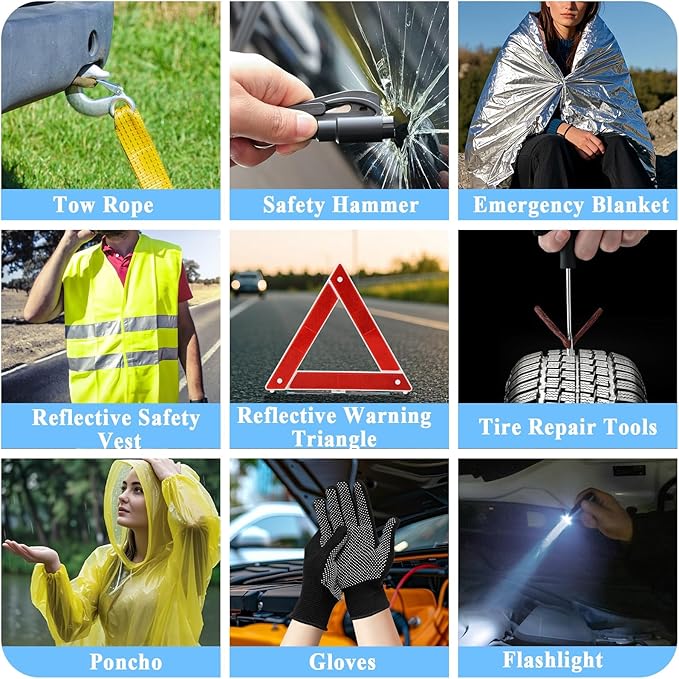 AUTODECO Car Emergency Roadside Kit with Scissor Jack, Air Compressor, Jumper Cables, Car Safety Kit, Air Wedge Bag Pump