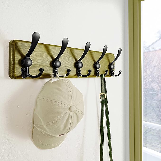 Dseap Coat Rack Wall Mount - Heavy-Duty Robust Barnwood-Style Wooden Wall Coat Hanger Hook Rail with 5 Triple Hooks for Winte