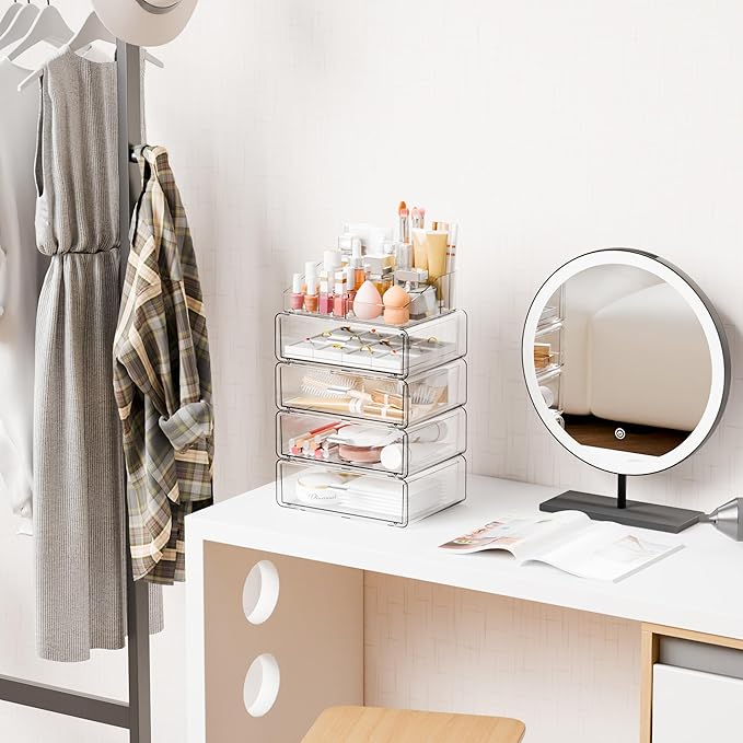 Yieach Clear Acrylic Makeup Organizers Countertop for Dresser,Desk,Bathroom Vanity,4 Tier Stackable Make up Holders and Makeu