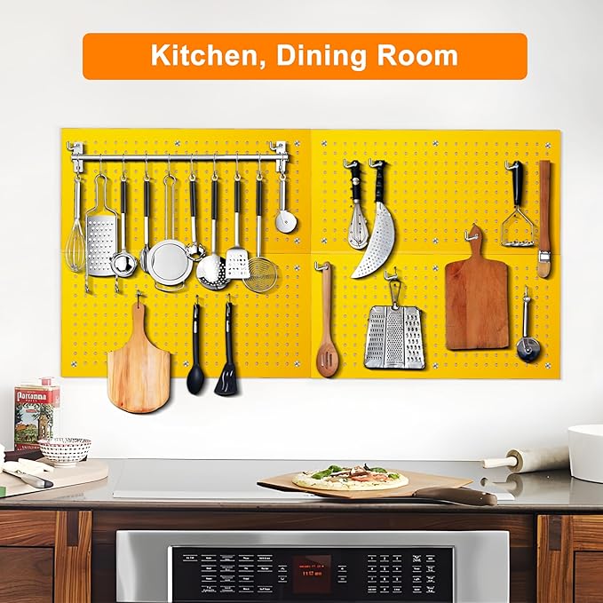 Metal Peg Board Panels for Workbench, Shop, Shed Modular Peg Board Organizer Board Kit, pegboard Wall Organizer(4 Pack, Yello