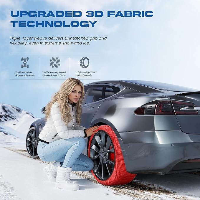 Snow Socks for Tires, Winter Traction Alternative to Snow Chains, Emergency Anti-Slip Tire Covers for Cars/SUVs/Trucks, Reusa