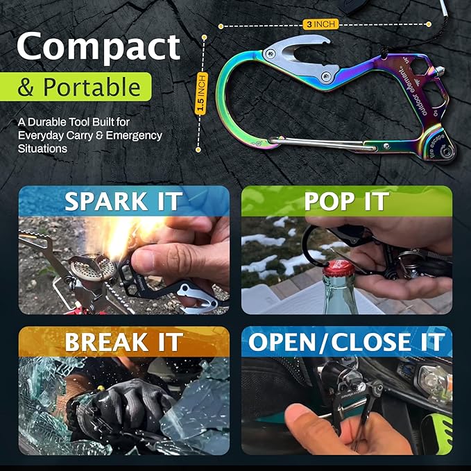 OUTDOOR ELEMENT Fire Escape, Emergency Escape Tool, Seatbelt Cutter, Window Breaker, Multi Tool, Fire Starter, Carabiner, and