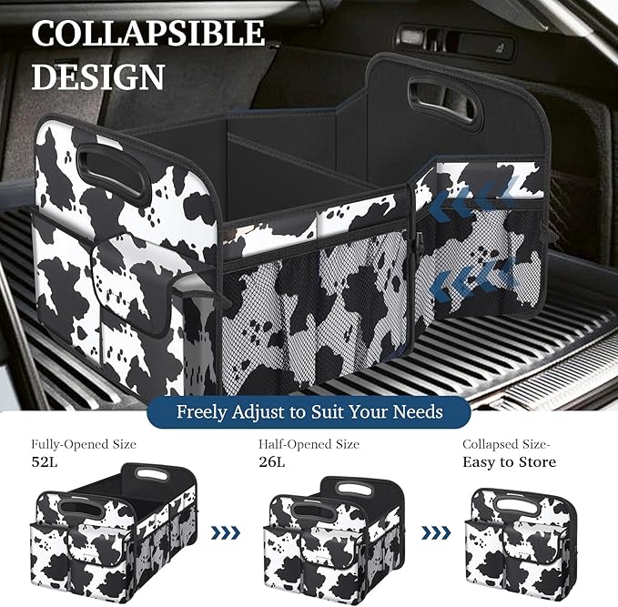 Femuar Car Trunk Organizer, Cow Print, Vintage Style, 52L Capacity, 4 Compartments, Waterproof, Non-Slip, Collapsible, 22.5D x
