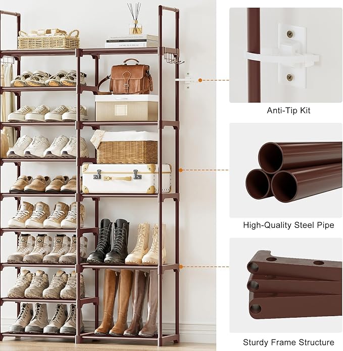 WOWLIVE 9 Tiers Large Shoe Rack Brown Shoe Rack Organizer for Closet 30-35 Pairs Stackable Heavy Duty Shoe Shelf Shoe Storage