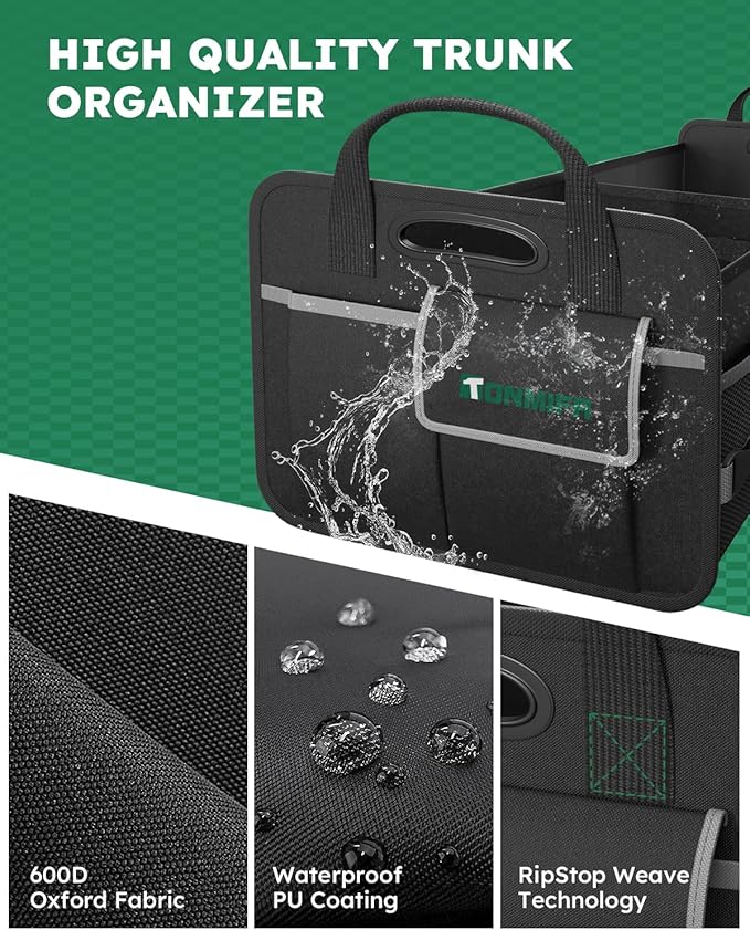 2-Compartment Trunk Organizer & Multi-Compartment Storage Box 600D Waterproof Oxford, with Reflective Strips and 8 Side Mesh