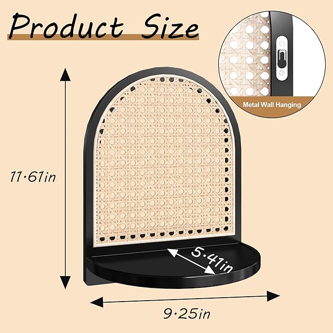 Rattan Shelf Set of 2, 7'' Black Rattan Shelf with Wicker Decor, Boho Wall Decor Small Floating Shelf for Plant Figurines Dis