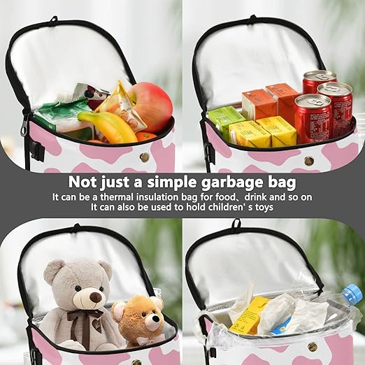 linqin Pink Cow Print Car Trash Can with Lid Leak Proof Car Trash Bag Waterproof Car Garbage Can, PolyesterTrash Bin Hanging for Minivan SUV Truck