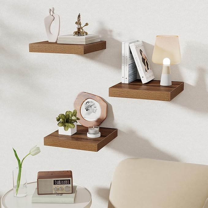 Fun Memories 12 Inch Square Floating Shelves 3 Pack - Wall Shelves with Invisible Brackets, Small Floating Shelves for Wall, 