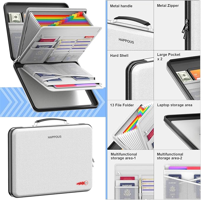 Fireproof Document Organizer, Expanding File Organizer with 13 Pockets, Portable Fireproof Document Box Hard-Shell Document O