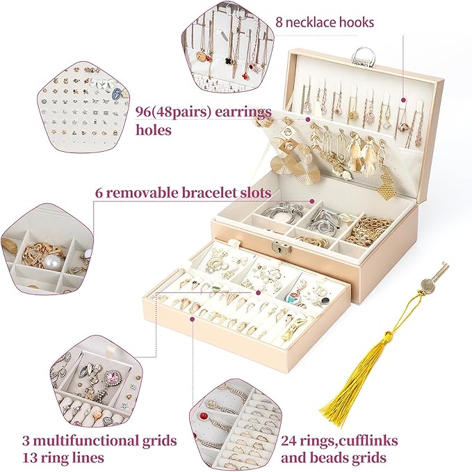 BOOVO Earring Jewelry Box For Women Girl Stud Organizer, 4 Layers Girl Jewelry Organizer Box With Lock Earring Holder Organiz