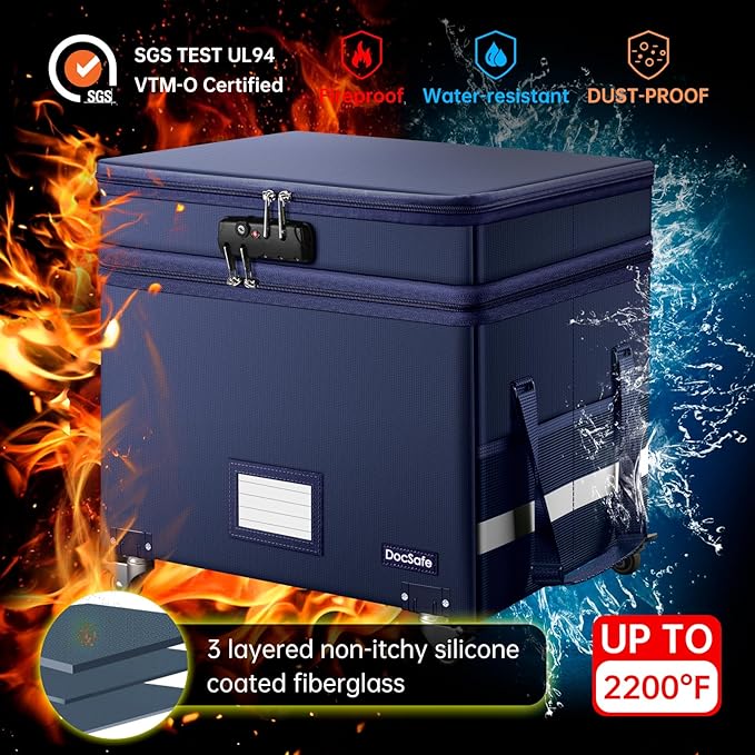DocSafe File Box with Lock, 2-Layer Fireproof Document Box with Wheels,Collapsible File Storage Organizer with Pockets,Large 