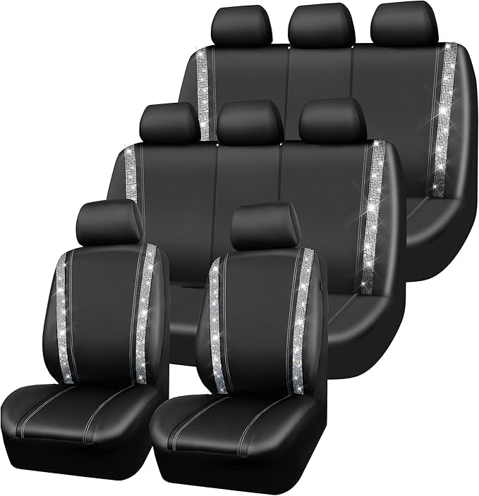CAR PASS Bling Diamond Car Seat Covers, Shining Rhinestones Waterproof Faux Leather, 8 Seats 3 Rows with Zipper Glitter Crystal Sparkle Strips Universal Fit 95% MPV,SUV,CAR for Women Girl, Silver