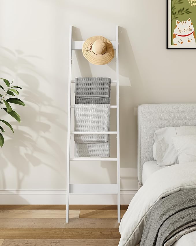 Hzuaneri Blanket Ladder for Living Room, Decorative Quilt Rack with 4 Removable Hooks, 6-Tier Farmhouse Ladder Holder Shelf O