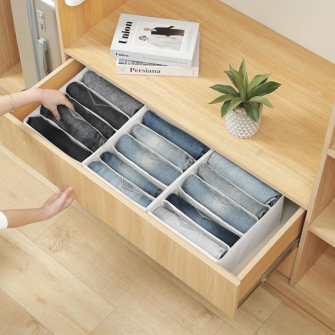 Qozary Jeans Pants Organizer for Closet, 4 Pack Drawer Organizers for Clothing, 5 Grids Wardrobe Clothes Organizer, Jean Orga