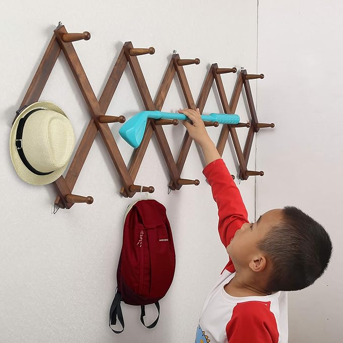 WEBI Accordion Wall Hanger,Expandable Wooden Coat Rack,Accordion Hat Rack for Wall for Hats,Caps,16 Peg Hooks,Brown,2 Packs