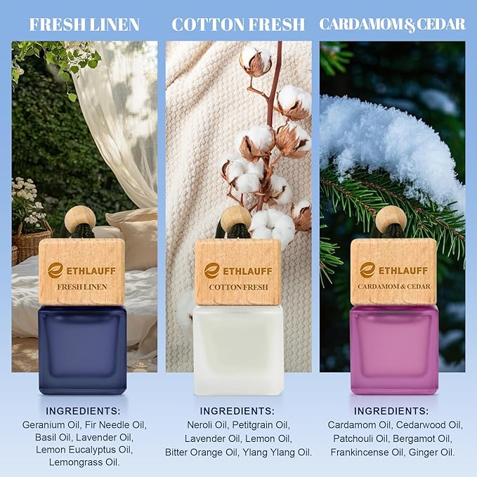 Car Air Freshener Hanging, 3 Pcs Cotton Fresh, Fresh Linen, Cardamom & Cedar, Car Scent Air Fresheners Diffuser for Car, 45+ 
