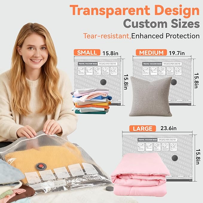 Vacuum Bags for Travel with USB & TYPE C Pump, Vacuum Seal Travel Bags, 15 Pack Carry-On Vacuum Storage Bags for Luggage & Su