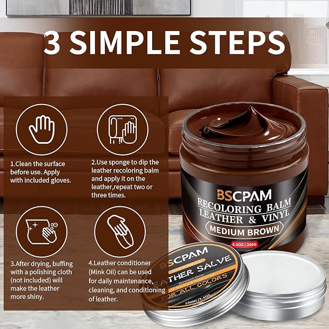 Medium Brown Leather Recoloring Balm with 100ml Mink Oil,Leather Couch Scratch Remover,Leather Repair kit for Vinyl Furniture