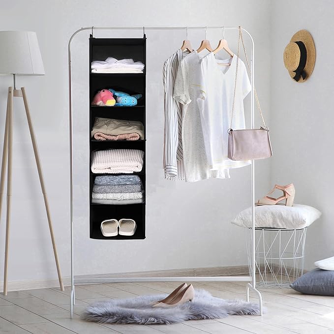 MAX Houser 6 Tier Shelf Hanging Closet Organizer, Closet Hanging Shelf with 2 Sturdy Hooks for Storage, 2 Pack, Foldable (Bla