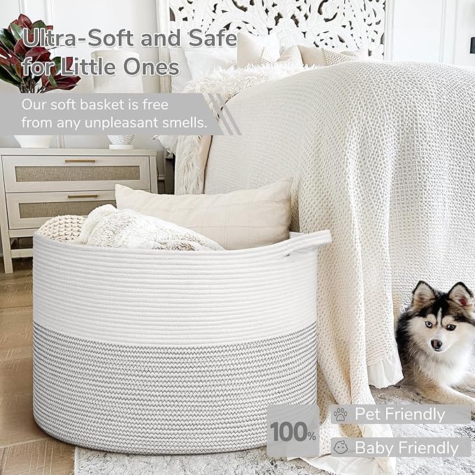 INDRESSME 115L Extra Large Blanket Basket, Cotton Rope Toy Baskets Storage Kids Toy Bin for Playroom Decor Woven Baby Laundry