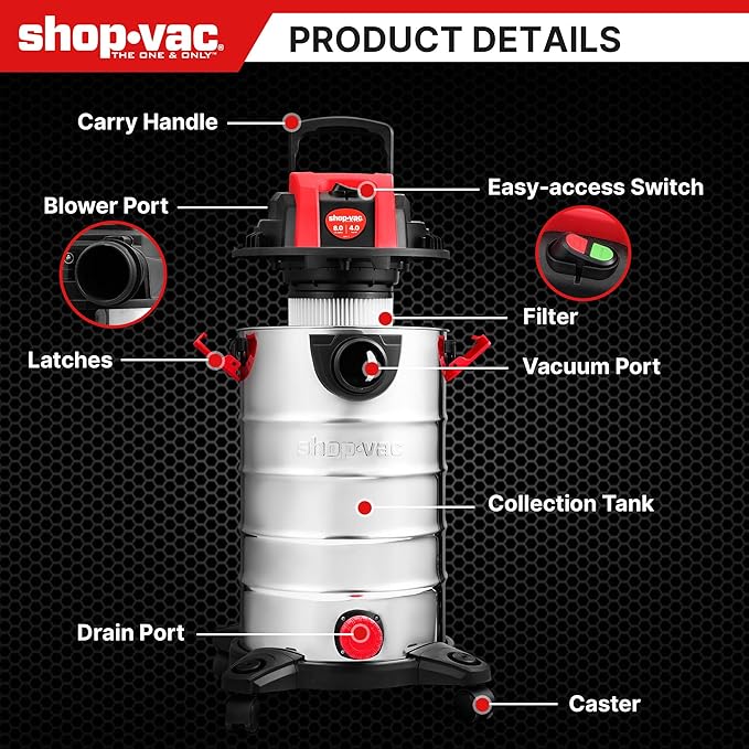 Shop-Vac 8 Gallon 4.0 HP Wet/Dry Vacuum with Blower Function, Stainless Steel Tank, Portable Shop Vacuum with Wheels, Include