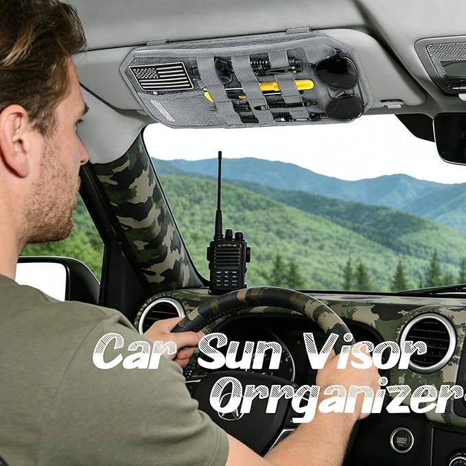 Car Sun Visor Organizer, Semi-Rigid Molle Panel Tactical Car Accessories with Zipper Storage Pouch, Sunglass Holder for Car Visor Organizer, Universal Fit for Trucks, SUVs, Jeeps & Police Gear, Grey