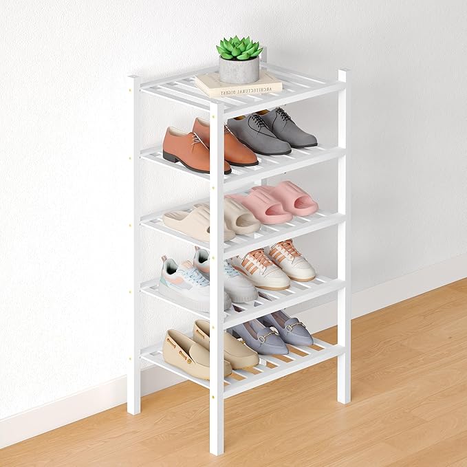 Smiry Bamboo Shoe Rack for Closet, 5 Tier Small Wooden Stackable Shoe Organizer, Free Standing Shoes Storage Shelf for Entryw