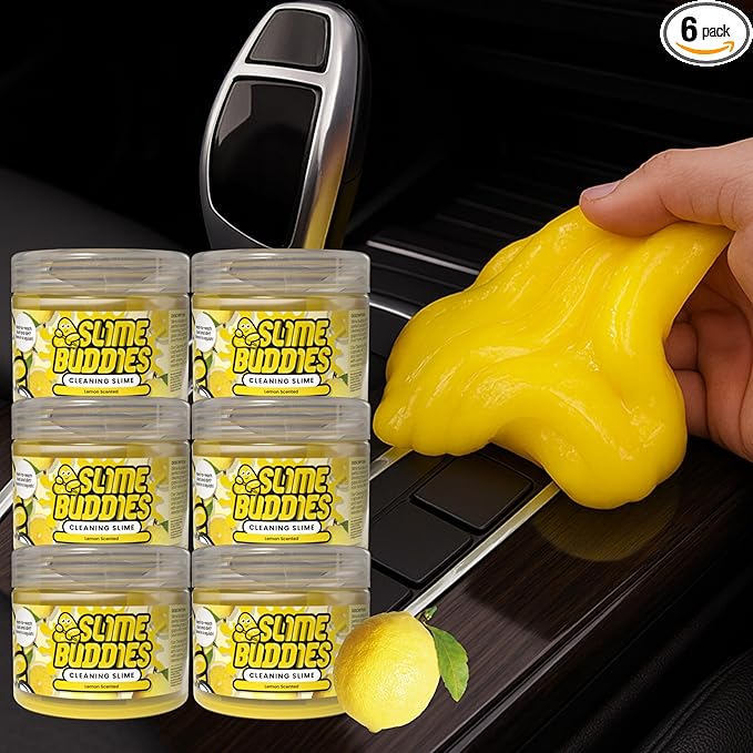 Slime Buddies Car Cleaning Gel Putty - 6 Pack Lemon Scented Interior Detailing Tool for Cup Holder, Air Vent & Keyboard - Reu