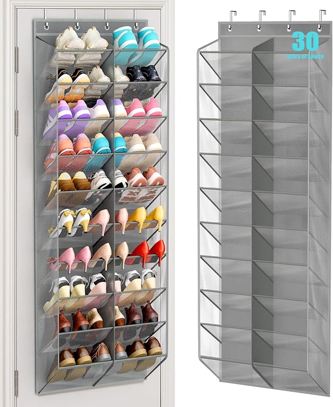 MISSLO 30 Pairs Over the Door Shoe Organizer Breathable Mesh Hanging Shoe Rack for Closet Storage with Wide Deep Pockets 10 T