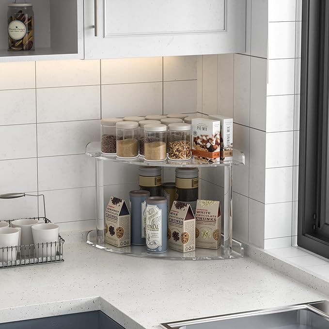 Sezanrpt 2 Tier Acrylic Corner Shelf Organizer Storage 9.5x9.5x8 Inch, Transparent Countertop Corner Shelf for Bathroom, Kitc