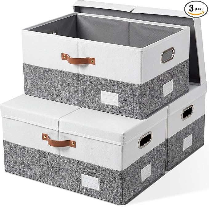 PRANDOM Storage Bins with Lids [3-Pack] Linen Fabric Foldable Storage Boxes Organizer Containers Baskets Cube with Cover for 