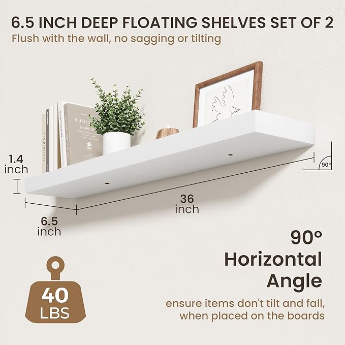 36 Inch Floating Shelves | 6.5 Inch Deep White Floating Shelves Set of 2 | 36" W x 6.5" D Rustic White Wood Wall Shelves with