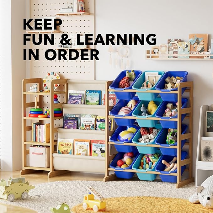 SpaceAid 3-in-1 Toy Storage Organizer with 4 Shelves and 12 Bins, Toy Organizers Storage 3-Tier Bookshelf, Kids Bin Shelf Box