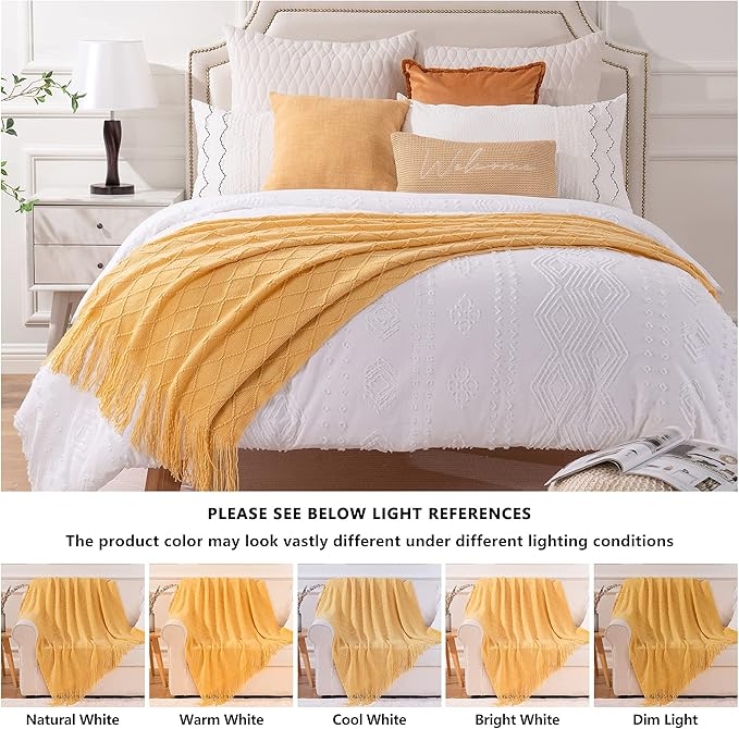 BATTILO HOME Mustard Throw Blanket with Fringe Geometric Bed Gold Yellow Throws Breathable Decorative Large Throw for Couch S