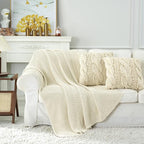 Chunky Cable Knit Throw Blanket Lightweight Cream 100% Organic Cotton Blanket for Sofa Couch Bed Baby Nursery, Rustic Shabby 