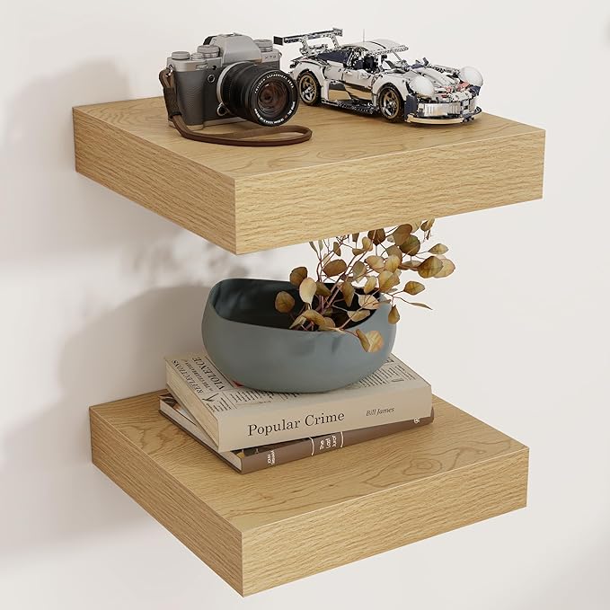 Square Floating Shelves for Wall, 12" W x 12" D x 2" H, 2 Pack of Small Wall Mounted Engineered Wood Shelves with Invisible B