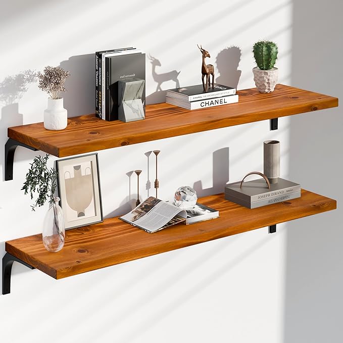 12 Inch Deep Floating Shelves Set of 2, 48 Inch Extra Wide Solid Wood Wall Shelves, 4ft Heavy Duty Farmhouse Bookshelf with 1