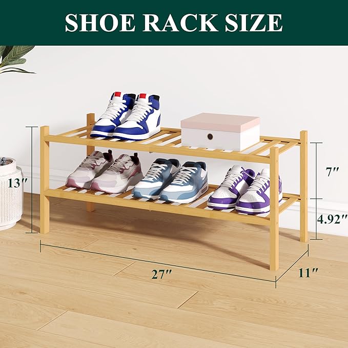 Smiry Bamboo Shoe Rack for Closet, 2 Tier Wooden Stackable Shoe Organizer, Free Standing Shoes Storage Shelf for Entryway, Fr