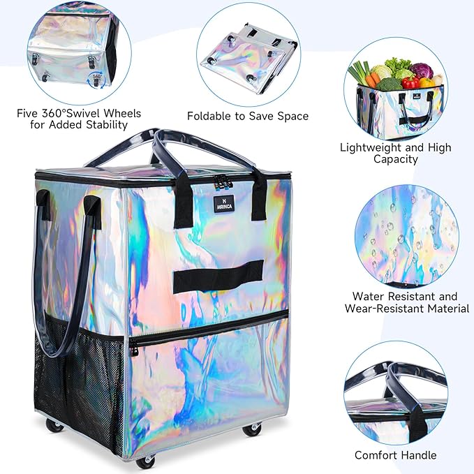 Reusable Grocery Bag On Wheels, 70L Foldable Shopping Trolley with Enhanced Stability Wheels, Water Resistant, 6 Pockets & 3-Way Carry for Outdoor, Camping, Medium, Gradient Silver