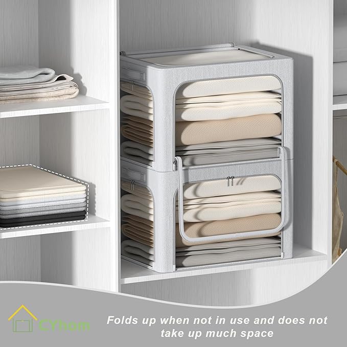 3 Openings Clothes Storage Bins Box - 3Pack Stackable Foldable Storage Bin - Metal Frame Storage Box Clothing Storage Organiz
