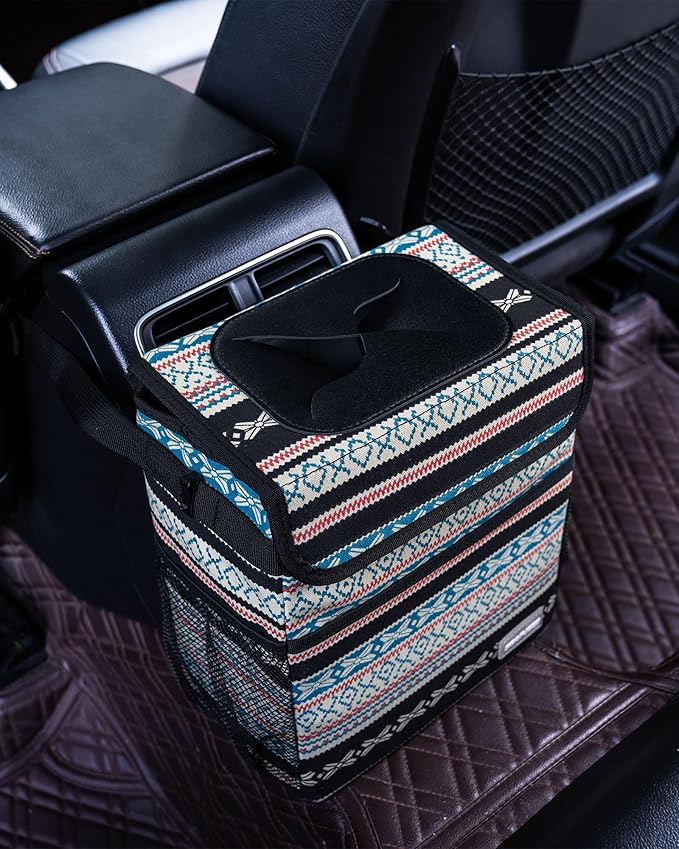 Car Garbage Can Cute - Leak-Proof Car Trash Can with Lid and Storage Pockets, Car Trash Bin for Men and Women, Boho Aztec Essentials: Must-Have Car Interior Accessories (Beige Aztec Motif)
