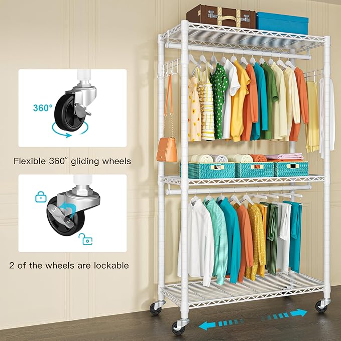 FUTASSI P1 Heavy Duty Garment Rack, 3 Tiers Adjustable Rolling Metal Closet Organizer with Lockable Wheels, FreeStanding Ward