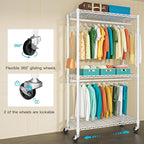 FUTASSI P1 Heavy Duty Garment Rack, 3 Tiers Adjustable Rolling Metal Closet Organizer with Lockable Wheels, FreeStanding Ward