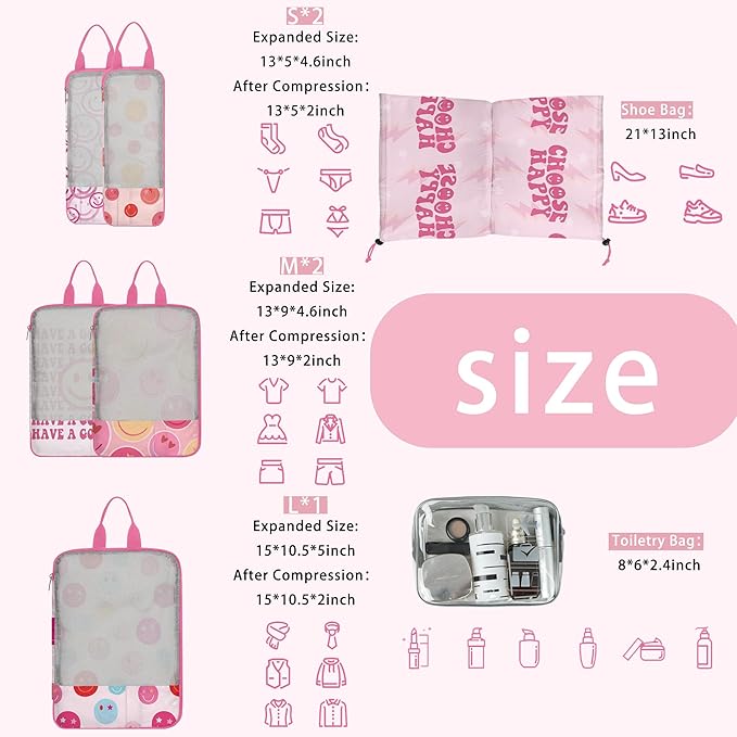 7 Pcs Compression Packing Cubes for Travel Luggage, Lightweight Suitcase Organizer Bags Set, Compression Packaging Cube for T