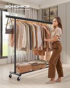 SONGMICS Clothes Rack with Wheels, Heavy-Duty Clothing Rack for Hanging Clothes, Portable, 17.7 x (63-78.7) x 63.6 Inches, wi