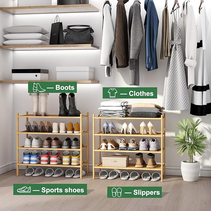 kiplant 4-Tier Shoe Rack for Entryway, Bamboo Wood Shoe Rack 4-Tier, Stackable Shoe Organizer for Closet, Free Standing Shoe 