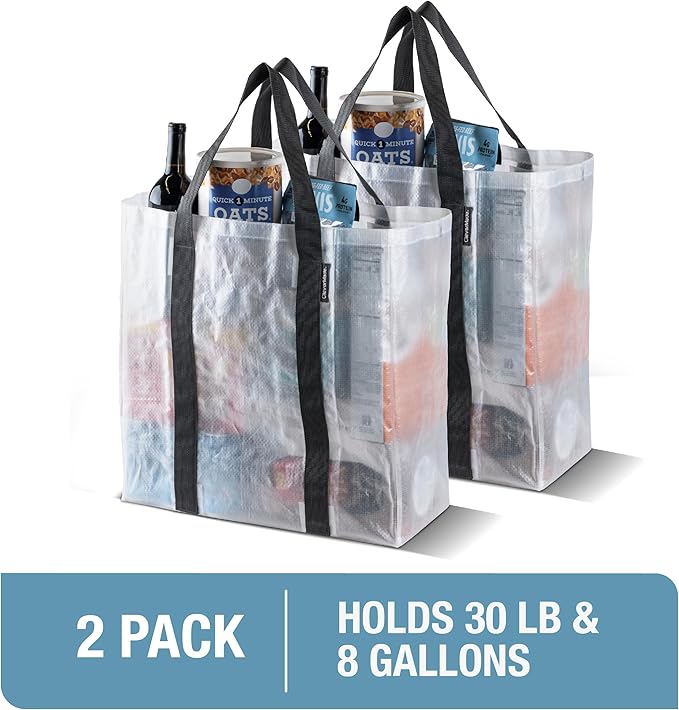 CleverMade Tall Frakta Reusable Grocery Tote - 42L - Pack of 2 - Transparent - Collapsible Storage Shopping Organizer - Heavy
